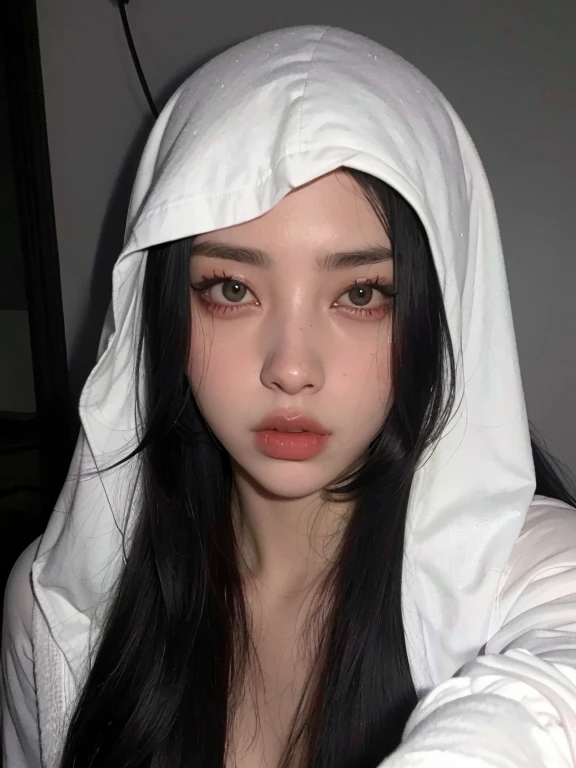 mulher arafed com cabelo preto longo usando um capuz branco, usando capuz de seda branca, Ulzzang, pale, snow-white skin,  coreana, cruel korean goth girl, pale milky white porcelain skin, pale porcelain white skin, usando rosto coberto de halo de anjo, billie eilish como freira, porcelana rosto branco, linda mulher sul-coreana, pele branca leitosa, Korean facial features
