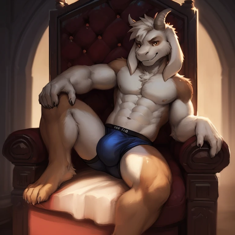 Male, (((solo))) character, Asriel Dreemurr God form, Male focus, 8k quality, ultra realistic, 3d render, digital art, beautiful Asriel Dreemurr God Form, kenket, Ross Tran,ruan jia, uploaded to e621, zaush, foxovh, cenematic lighting, (((confident, seductive))), (((whole body showed))), (((detailed brown eyes))), (((correct position))), (((loving eyes))), (((full in love))), (((seductive))), (((seduction))), (((sexy))), (((full body commission))), (((solo))), (((full body commission))), (((sit on))) throne, (((big bulge))), (((laps invitation))), (((feets))), briefs