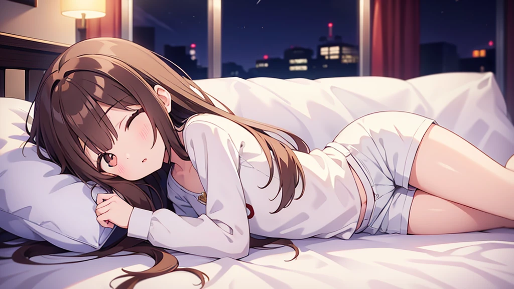 she is sleeping in bed. cute. eyes closed. night. Inside a dark room.