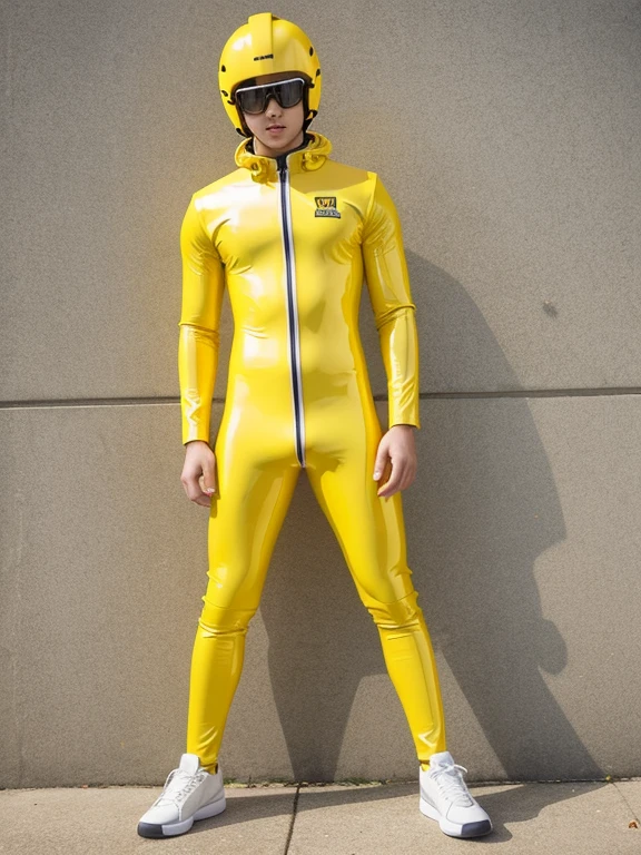 A high school boy wearing yellow latex catsuit 