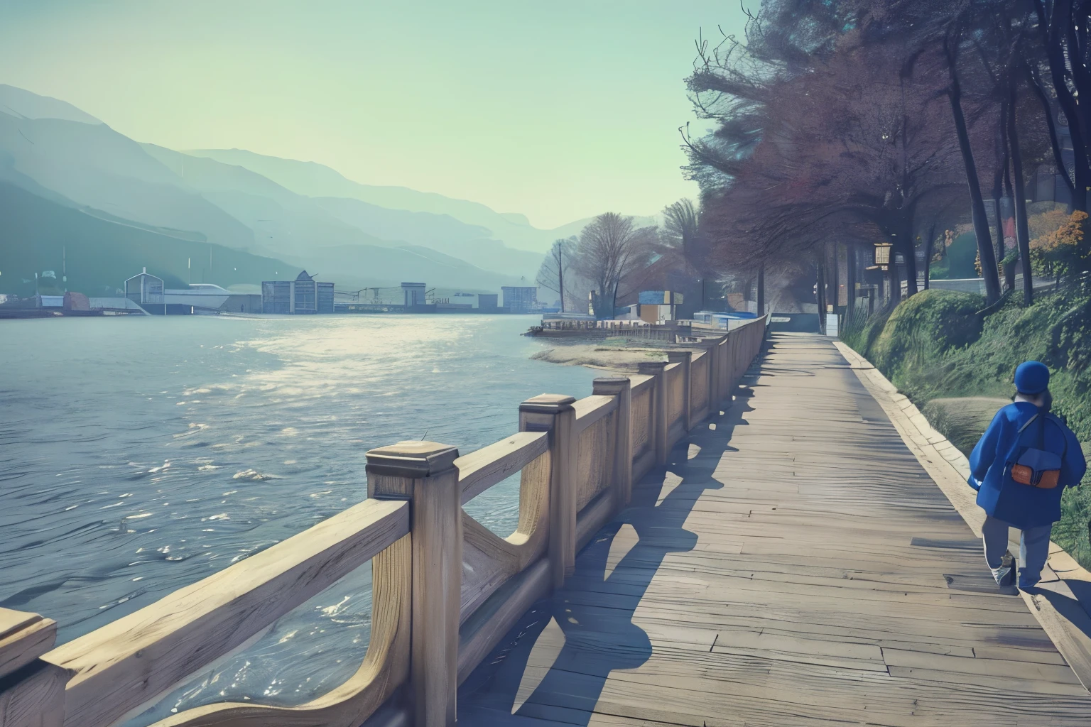 There is a boy&#39;s back，Walk on the wooden walkway by the water, photography, beautiful sunny day, Boardwalk, nice images, Retro effect, in sunny weather