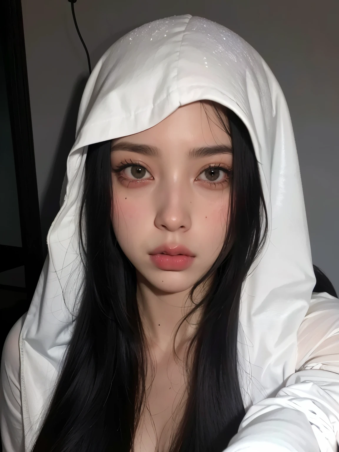 mulher arafed com cabelo preto longo usando um capuz branco, usando capuz de seda branca, Ulzzang, pale, snow-white skin,  coreana, cruel korean goth girl, pale milky white porcelain skin, pale porcelain white skin, usando rosto coberto de halo de anjo, billie eilish como freira, porcelana rosto branco, linda mulher sul-coreana, pele branca leitosa, Korean facial features