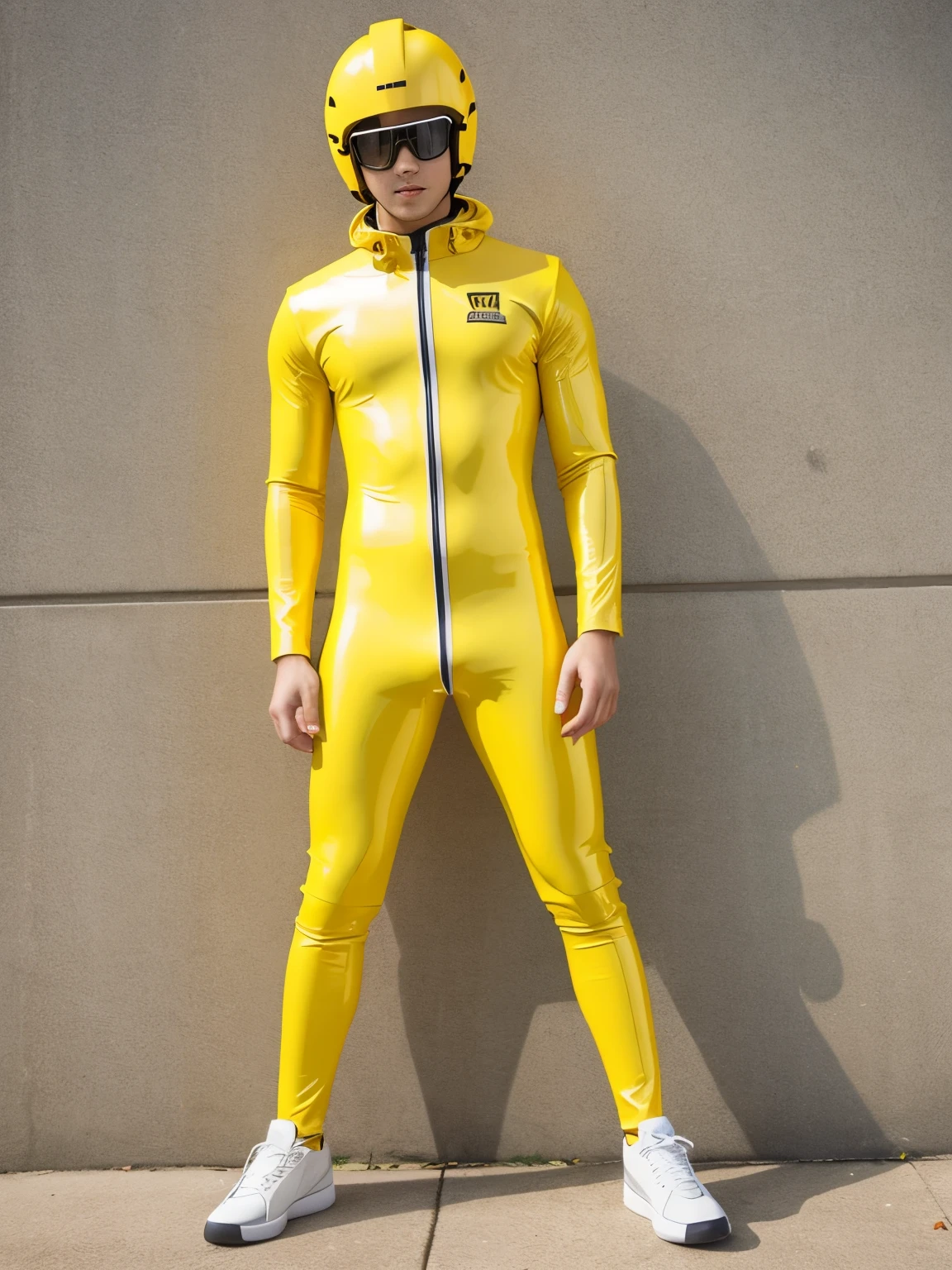 A high school boy wearing yellow latex catsuit 