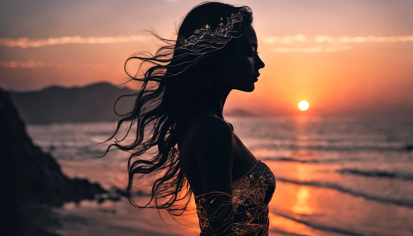 high quality, 8K Ultra HD, A beautiful double exposure that combines an goddess silhouette with sunset coast, sunset coast should serve as the underlying backdrop, with its details incorporated into the goddess , crisp lines, The background is monochrome, sharp focus, double exposure, by yukisakura, awesome full color,