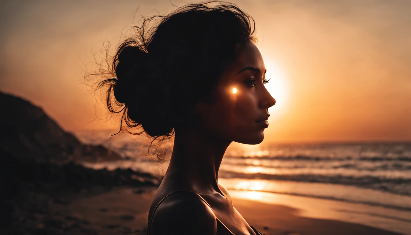 high quality, 8K Ultra HD, A beautiful double exposure that combines an goddess silhouette with sunset coast, sunset coast should serve as the underlying backdrop, with its details incorporated into the goddess , crisp lines, The background is monochrome, sharp focus, double exposure, by yukisakura, awesome full color,