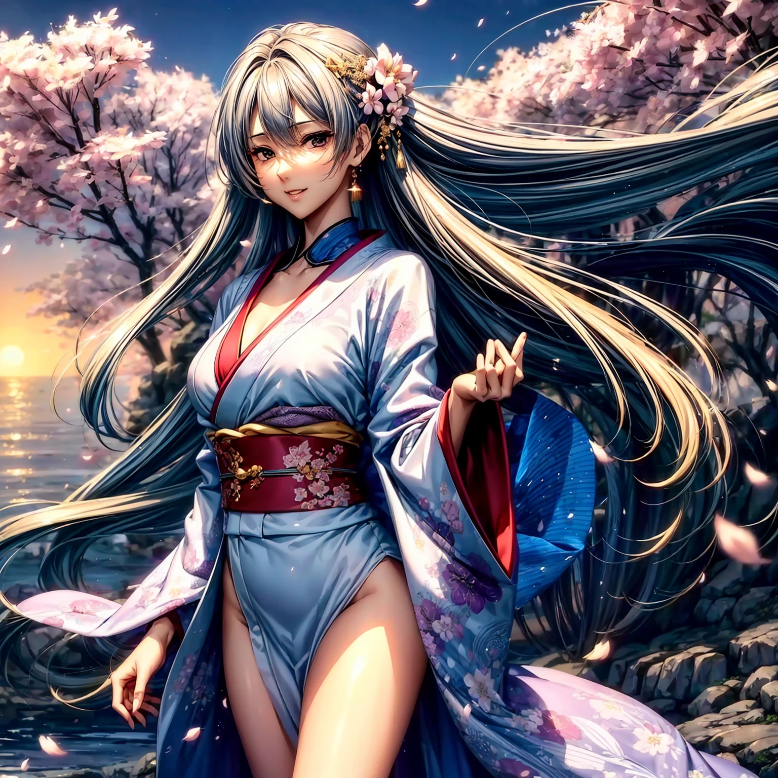 (((highest quality、masterpiece、8K quality,very high resolution)))、(A woman of perfect and ultimate beauty:18-year-old:Yamato Nadeshiko)、(beautiful face:smile、beautiful hair:Japanese hair decoration、beautiful body:Slender and beautiful breasts)、(best skin and hair texture)、(Beautiful Japan kimono:Japanese patterns and colors:Kimono sleeves and obi are long,Exposed shoulders from kimono,I can see the cleavage,I can see my thighs,whole body,Hair flutters under the influence of the wind,The sleeves and obi of the kimono flap in the wind.),(Mysterious waterfront:Beautiful cherry blossoms and waterfalls,Fantastic night sky and beautiful full moon,beautiful scenery,beautiful scenery,Beautiful colors)、bijinga,(dynamic movement,dynamic angle,dynamic pose,various camera angles、model shoot),Overall image、accurate anatomy:1.2、accurate image:1.2、highly detailed images、perfect image、Image without defects、natural soft light、beautiful images、(best shot:1.2,RAW photo:1.2)