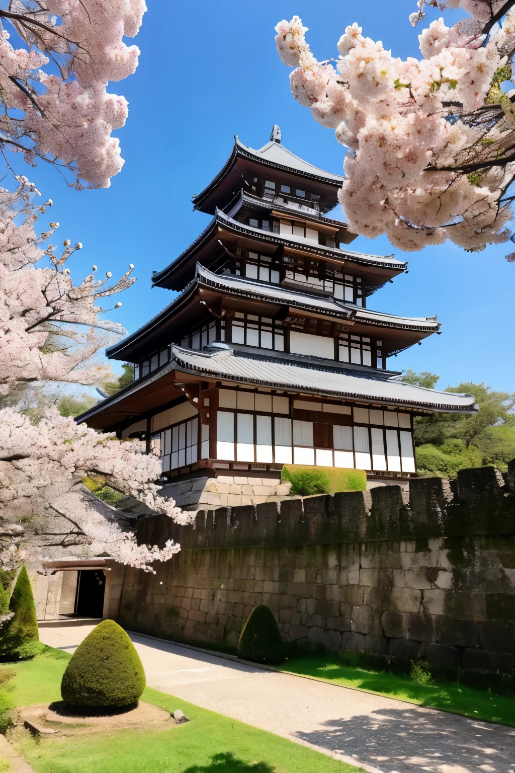 ((highest quality)), ((masterpiece)), (be familiar with), japanese castle、Kumamoto Castle、sakura season