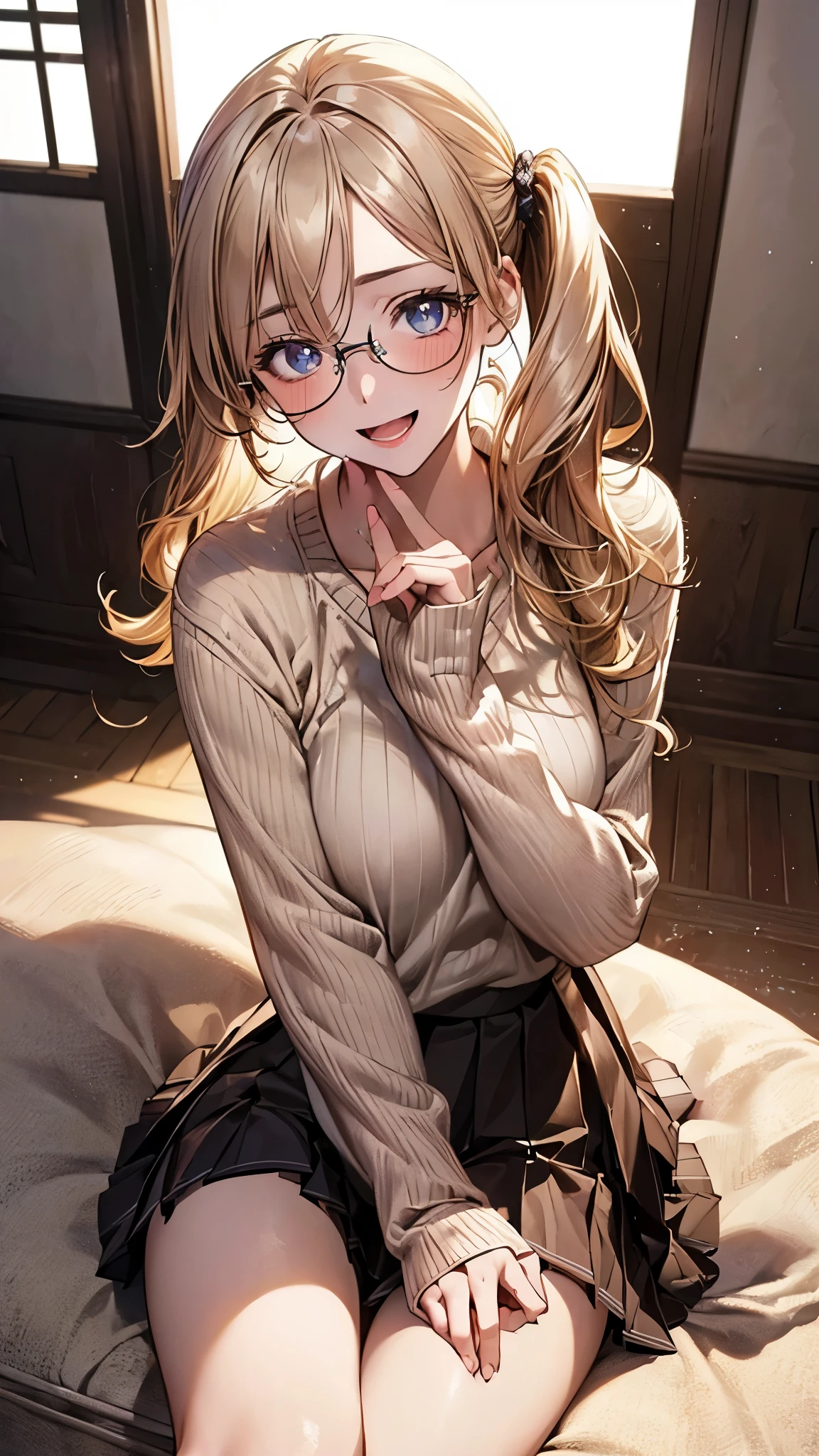(masterpiece:1.2, top-quality), (realistic, photorealistic:1.4), beautiful illustration, (natural side lighting, movie lighting), ,
(looking at viewer), 1 girl, japanese, high school girl, perfect face, cute and symmetrical face, shiny skin,
(middle hair:1.5, side ponytail:1.5, blond hair), swept bangs, big eyes, blue eyes, drooping eyes, long eye lasher, (large breasts:0.6),
beautiful hair, beautiful face, beautiful detailed eyes, beautiful clavicle, beautiful body, beautiful chest, beautiful thighs, beautiful legs,
((symmetrical clothing, detailed cloth texture, beige sweater, pleated skirt)), red-rimmed glasses,
(beautiful scenery), evening, living room, sitting sofa, hands on mouth, (lovely smile, upper eyes, open mouth),