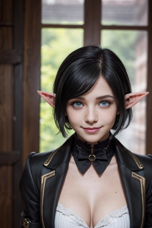 (Dark Academy Style), (1Short Elf girl, Russian model face, Cute, beautiful, Slutry smile, freckles), (Short black hair), Wearing formal steampunk clothes, (Looking at POV)