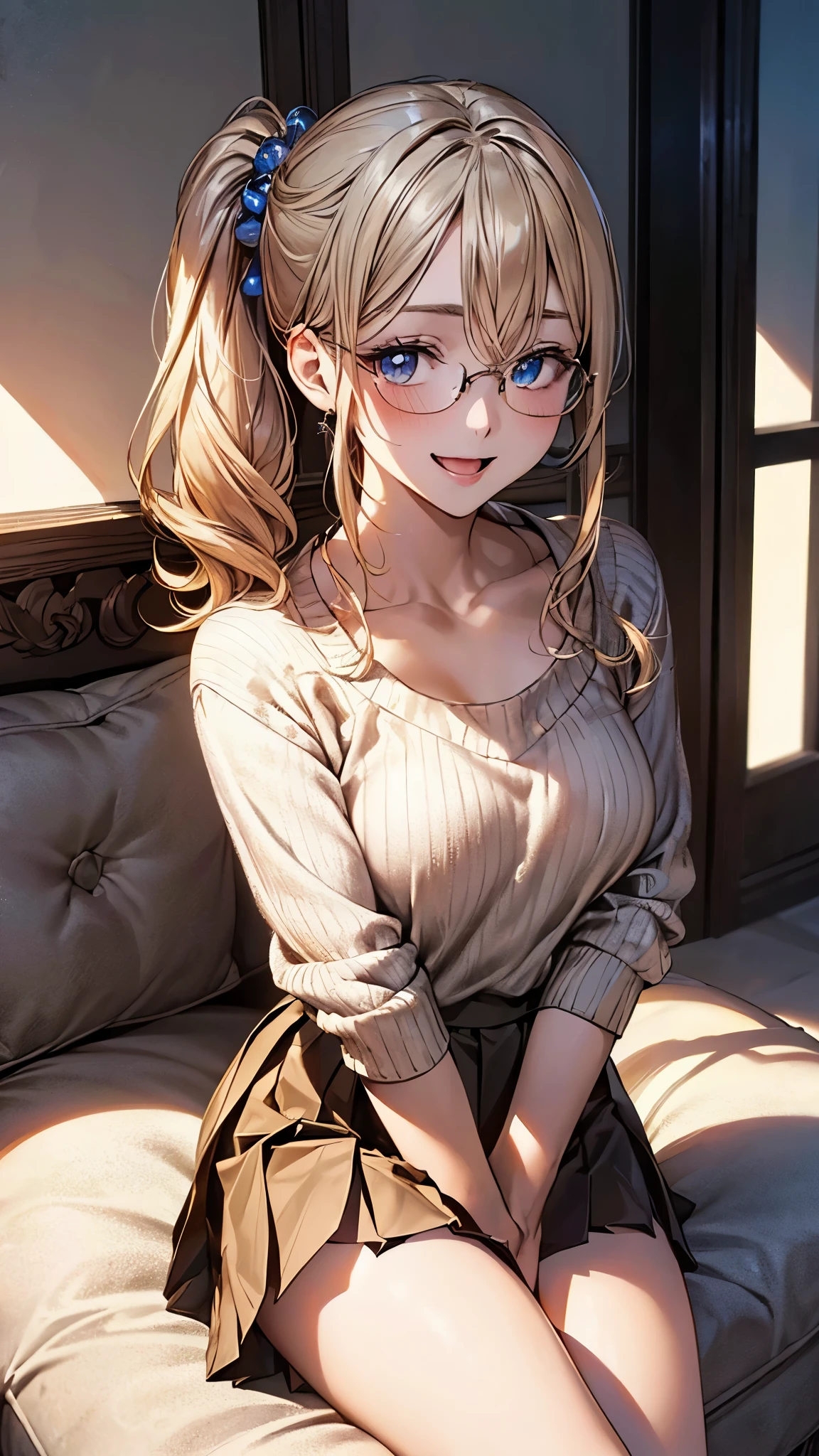 (masterpiece:1.2, top-quality), (realistic, photorealistic:1.4), beautiful illustration, (natural side lighting, movie lighting), ,
(looking at viewer), 1 girl, japanese, high school girl, perfect face, cute and symmetrical face, shiny skin,
(middle hair:1.5, side ponytail:1.5, blond hair), swept bangs, big eyes, blue eyes, drooping eyes, long eye lasher, (large breasts:0.6),
beautiful hair, beautiful face, beautiful detailed eyes, beautiful clavicle, beautiful body, beautiful chest, beautiful thighs, beautiful legs,
((symmetrical clothing, detailed cloth texture, beige sweater, pleated skirt)), red-rimmed glasses,
(beautiful scenery), evening, living room, sitting sofa, hands on mouth, (lovely smile, upper eyes, open mouth),