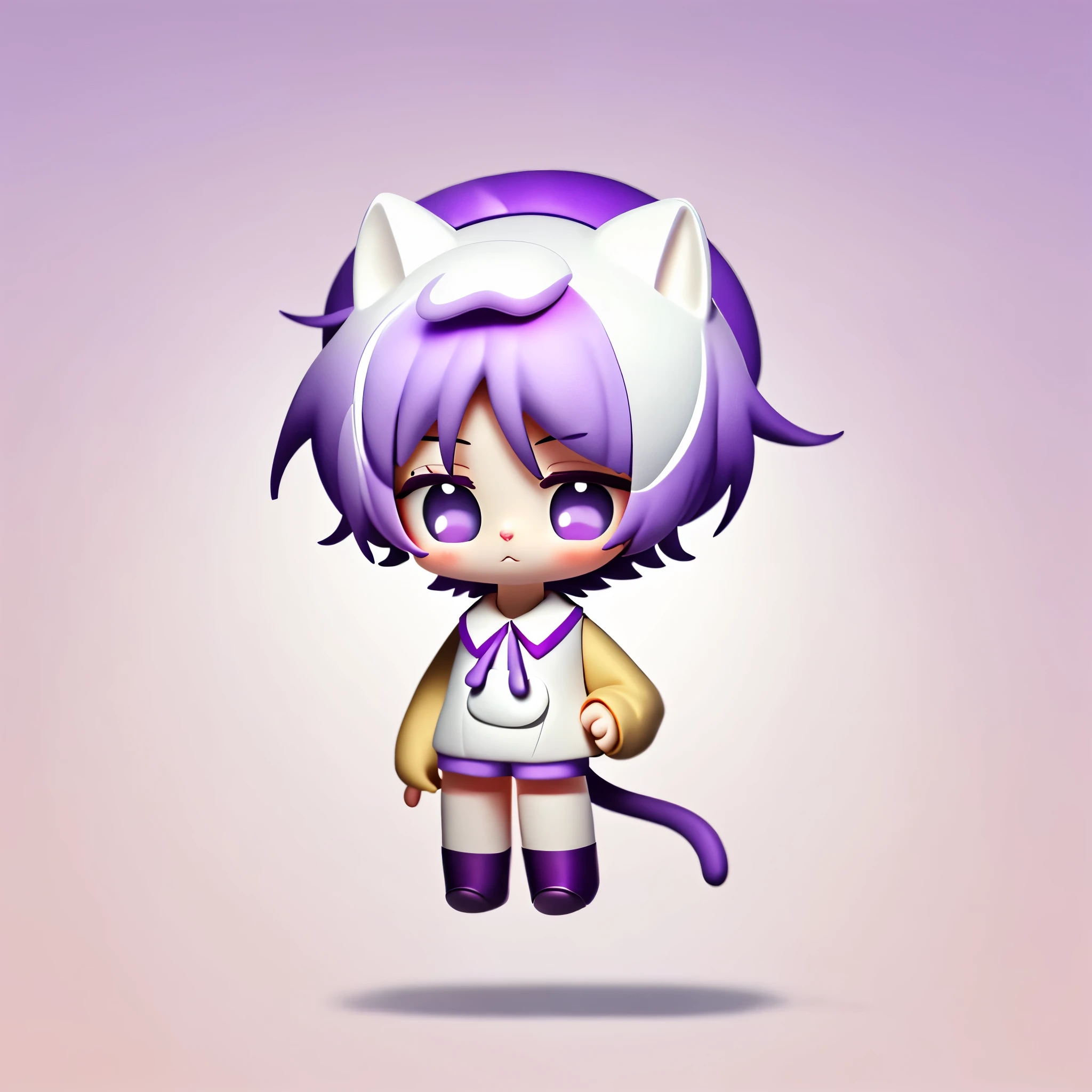 Three-dimensional full transition, natural colorless block color, uniform and clean Morandi color matching, soft color, cute character clay material, blind box hand-made style, 3D modeling, c4d rendering, ultra-clear rendering, cat anthropomorphic little girl, little girl cartoon, anime little girl, uniform color throughout the body little girl with purple eyes，Purple hair，Wearing purple clothes and having a purple cat tail