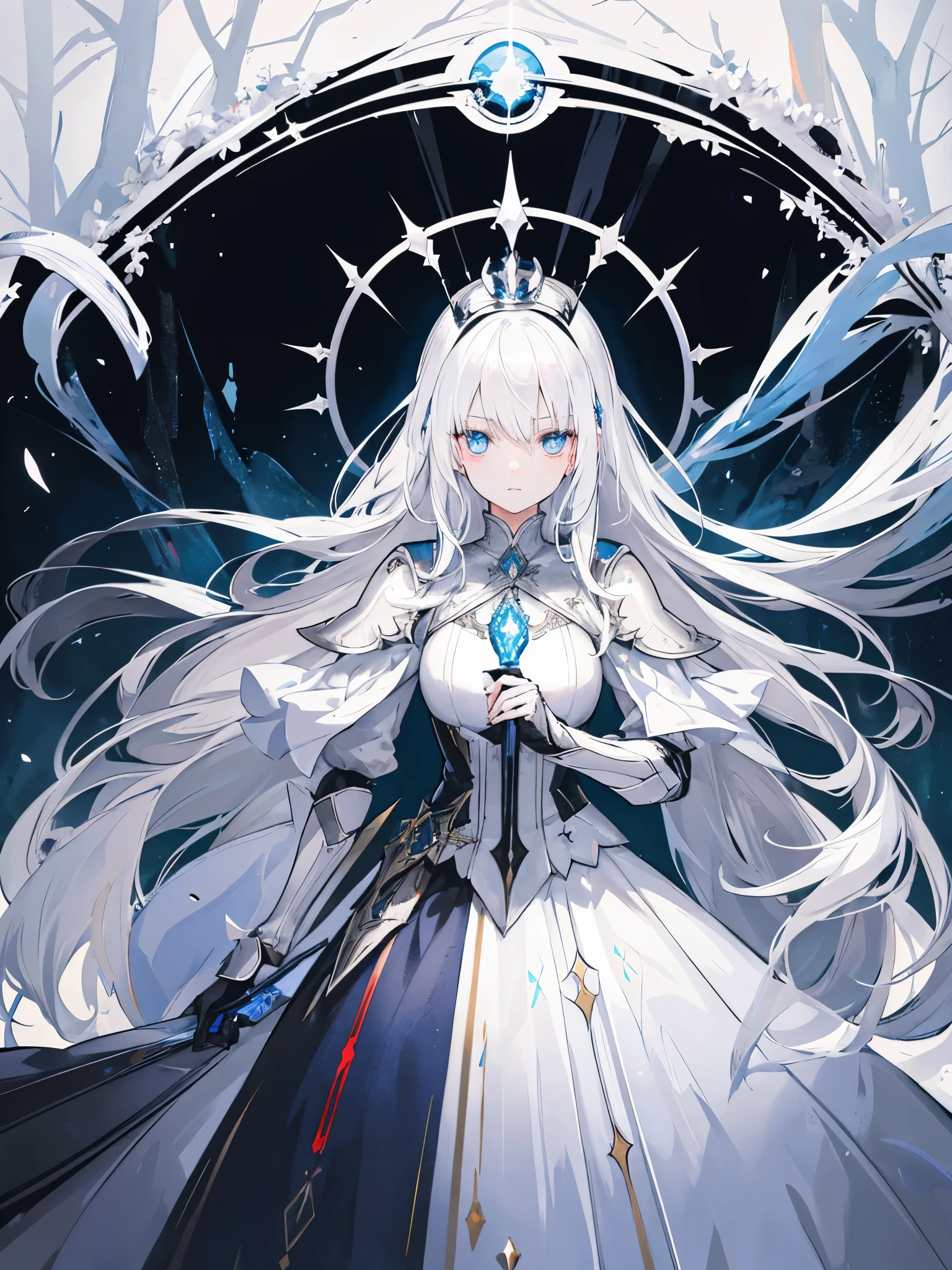 girl，white hair，blue eyes，glowing eyes，glowing eyes，glowing eyes，long hair，Dark system，Long white and black dress，armor，Silvery crown，Queen，brandishing a sword，poster，incredible，big occasion，best quality，epic，Tyndall effect，enchanted forest