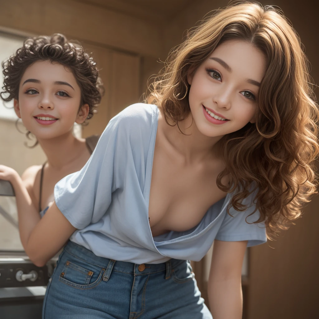 ((((very young)))) female, lips, light smile, curly hair, looking at viewer, upper body, leaning forward, t-shirt, downblouse, small breasts, perky breasts, denim shorts, nsfw