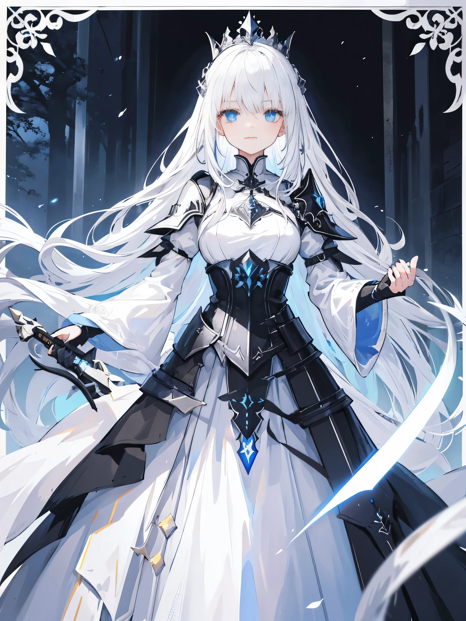 girl，white hair，blue eyes，glowing eyes，glowing eyes，glowing eyes，long hair，Dark system，Long white and black dress，armor，Silvery crown，Queen，brandishing a sword，poster，incredible，big occasion，best quality，epic，Tyndall effect，enchanted forest