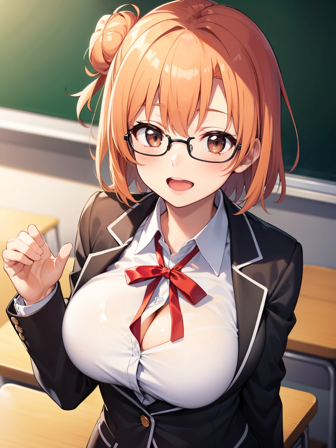 Yuigahama Yui, short hair, (brown eyes), (orange hair), single bun hair,
break 1girl, shirt, ribbon, school uniform, Jacket, white shirt, black Jacket, blazer, sobu high school uniform,
break looking at viewer,
break (masterpiece:1.2), highest quality, High resolution, unity 8k wallpaper, (beautiful and fine eyes), highly detailed face, perfect lighting, Very detailed CG, (perfect hands, perfect anatomy),
smile, (blush:1.2), open mouth, glasses,
(large breasts:1.4),
classroom,
upper body, focus breasts,
from above, upper eyes,