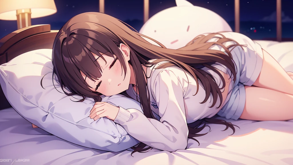 20 years old、flat chest、Height 165 cm、Long brown hair、White long sleeves、White shorts、Sleeping soundly、sleep、Room、Lying in bed、Sleeping face、night、night、Solitary whale pillow