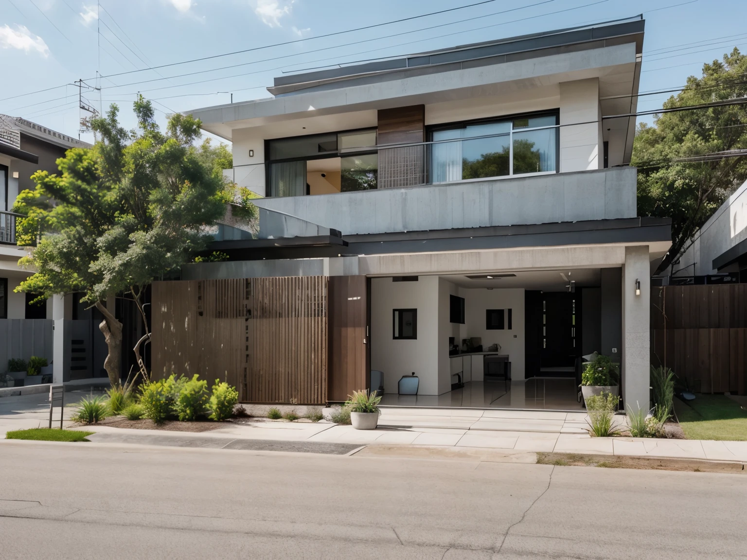 color photo of a modern and minimalist grey-colored Midcentury home. The house exudes an elegant and sophisticated vibe with its sleek lines, clean design, and neutral color palette. The exterior of the home is painted in a beautiful shade of grey, which perfectly complements the surrounding landscape. Large windows allow an abundance of natural light to flood the interior, creating a bright and airy atmosphere. The architectural details, such as the flat roof, angular shapes, and minimalistic landscaping, add to the overall contemporary aesthetic of the house. This grey Midcentury home stands as a timeless masterpiece, blending seamlessly with its surroundings.