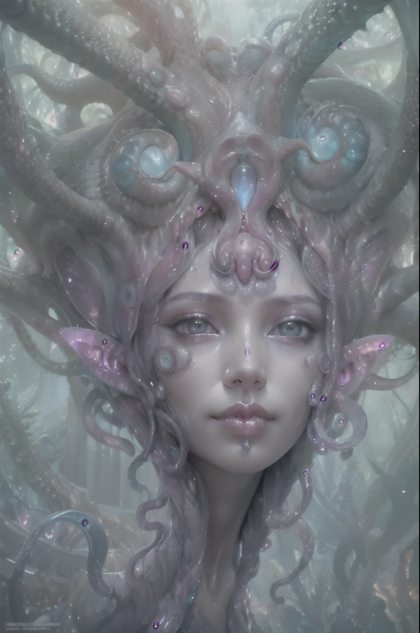 (A portrait of one beautiful and obscene female alien who is a young ager:1.4), ((There is a female genital-like organ in the middle of her forehead:1.8)), (realistic face:1.2), (Numerous award-winning masterpieces, with incredible detail, textures and maximum detail), artistic photography, midnight aura, unreal engine 5, Ultra Sharp Focus, art by Amano Yoshitaka, ArtGerm, Roisch, intricate artwork, ultra realistic realism, high resolution, High freshness, drawing faithfully, official art, Unity 8K Wall paper, ultra detailed artistic photography, dream-like, Creation of fantasy, dream Snail, (biopunk nautilus:1.3),Thrilling color schemes, seductively smiling, Amazing mutation, well-proportioned body, goddess of the deep sea, fractal, Geometric pattern, impossible figures, (translucent white tentacles with luminescent organs:1.4), subtle emerald green accents, (smiling seductively:1.3),(She has the most beautiful face in the history of the universe:1.5), Penelope Cruz, (she is looking down at viewers with glowing iridescent eyes with no pupils:1.3), an evil gaze that seduces, cinematic lighting, (Vampire-like long canine teeth can be glimpsed through the gap between the cute lips:1.3), in the hall of the palace, Sweet breath is exhaling from beautiful lips, ecstatic expression