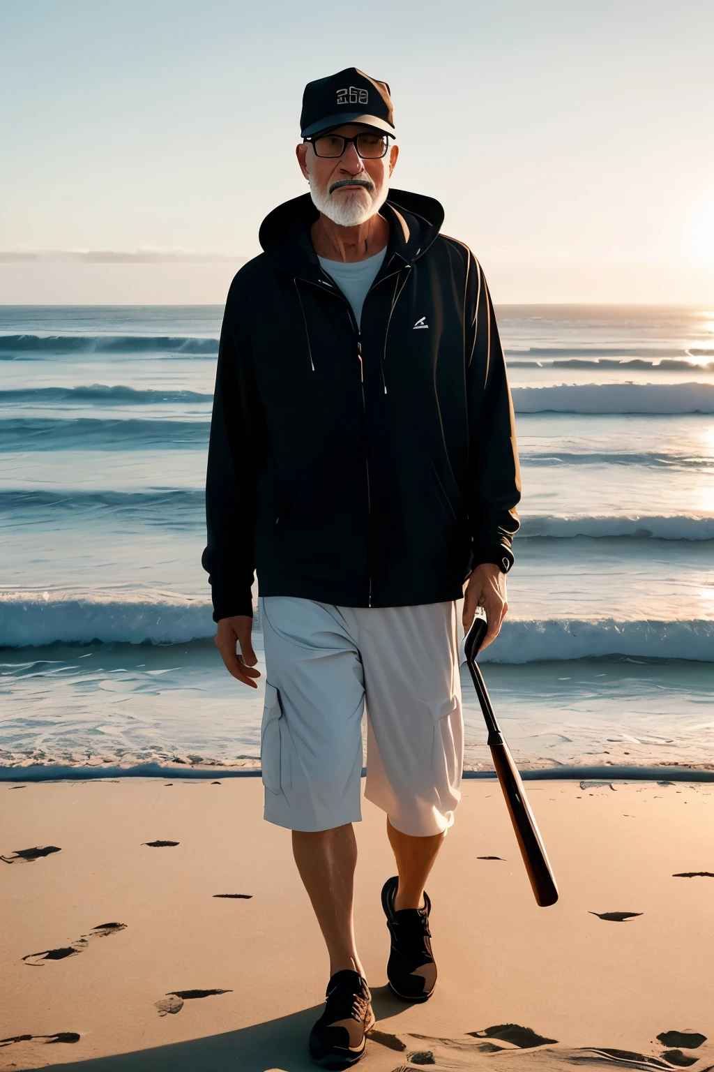 In the futuristic and distopian environment, a 60-year-old man with a black baseball cap, bald head, and a short beard, donning reading glasses, walks towards the camera with his whole body, standing in the summer sand of the beach. He carries a guitar in his hands, and the marine fog blankets the scene as the sun sets behind him. The scene is presented in high definition, with intricate details and a realistically textured body showcasing his perfect form and flawless, 32k-sq-matured skin. The camera captures every detail of his weathered face and his hands, which hold the guitar strings with precision and grace. The crisp focus
