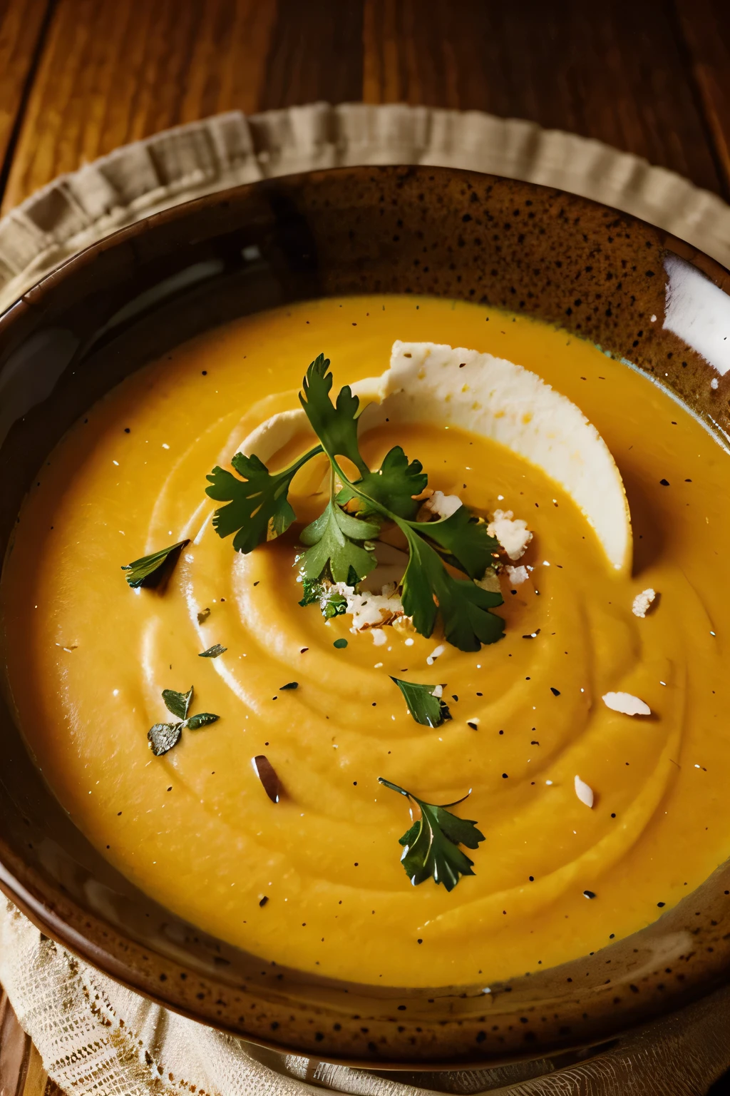 there is a table with an upclose bowl with butternut soup, it is sprinkled with parsley, it looks realistic and photography 
