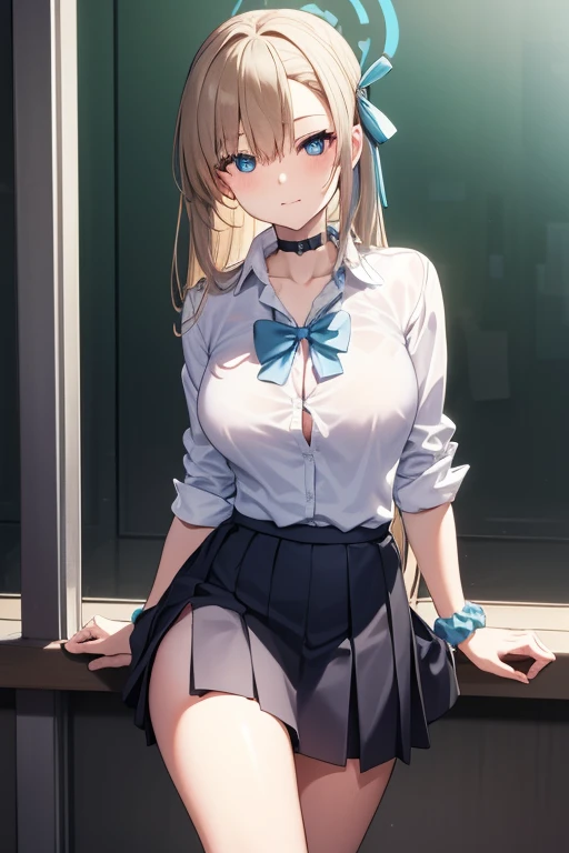 Asuna Ichinose, Asuna Ichinose, blonde hair, blue eyes, hair ribbon, hair ornaments, hair above one eye, Hello, long hair, mole, mole on breast, mechanical Hello,
break bow, choker, clavicle, dress shirt, hair Scrunchie, miniskirt, school uniform, Scrunchie, shirt, skirt,
break looking at viewer,
break classroom,
break (masterpiece:1.2), highest quality, High resolution, unity 8k wallpaper, (figure:0.8), (beautiful and fine eyes:1.6), highly detailed face, perfect lighting, Very detailed CG, (perfect hands, perfect anatomy),