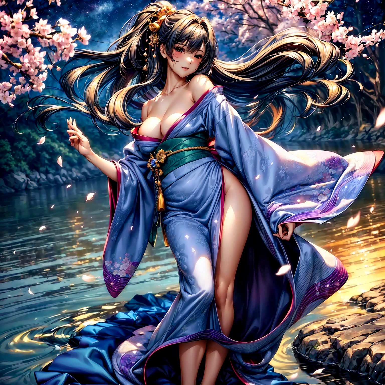 (((highest quality、masterpiece、highly detailed images,very high resolution)))、(A woman of perfect and ultimate beauty:18-year-old,beautiful face:smile、beautiful hair:Japanese hair decoration、beautiful body:Slender and beautiful 、best skin and hair texture)、(Beautiful Japan kimono:Japanese patterns and colors:Kimono sleeves and obi are long,shoulders are exposed,I can see the cleavagsee my thighs,whole body,Hair flutters under the influence of the wind,The sleeves and obi of the kimono flap in the wind.),((Mysterious waterfront:There are beautiful cherry blossoms and waterfalls,Fantastic night sky and beautiful full moon,beautiful scenery,beautiful scenery,Beautiful colors))、bijinga,realistic portrait、((beautiful pose,Various angles、model shoot)),Overall image、accurate anatomy:1.2、accurate image:1.2、highly detailed images、perfect image、Image without defects、natural soft light、beautiful images、(best shot,RAW photo)