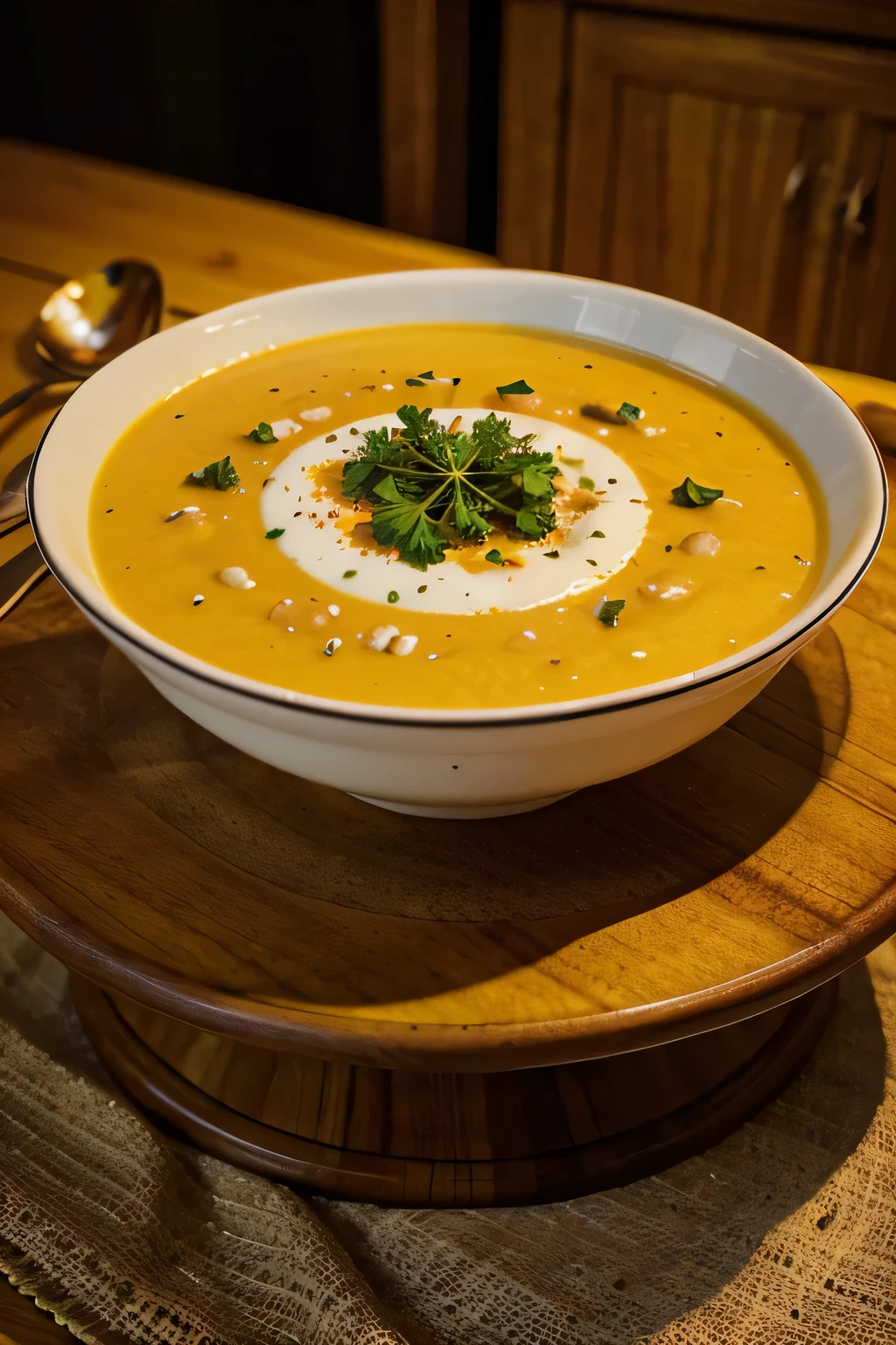 there is a table with an upclose bowl with butternut soup, it is sprinkled with parsley, it looks realistic and photography