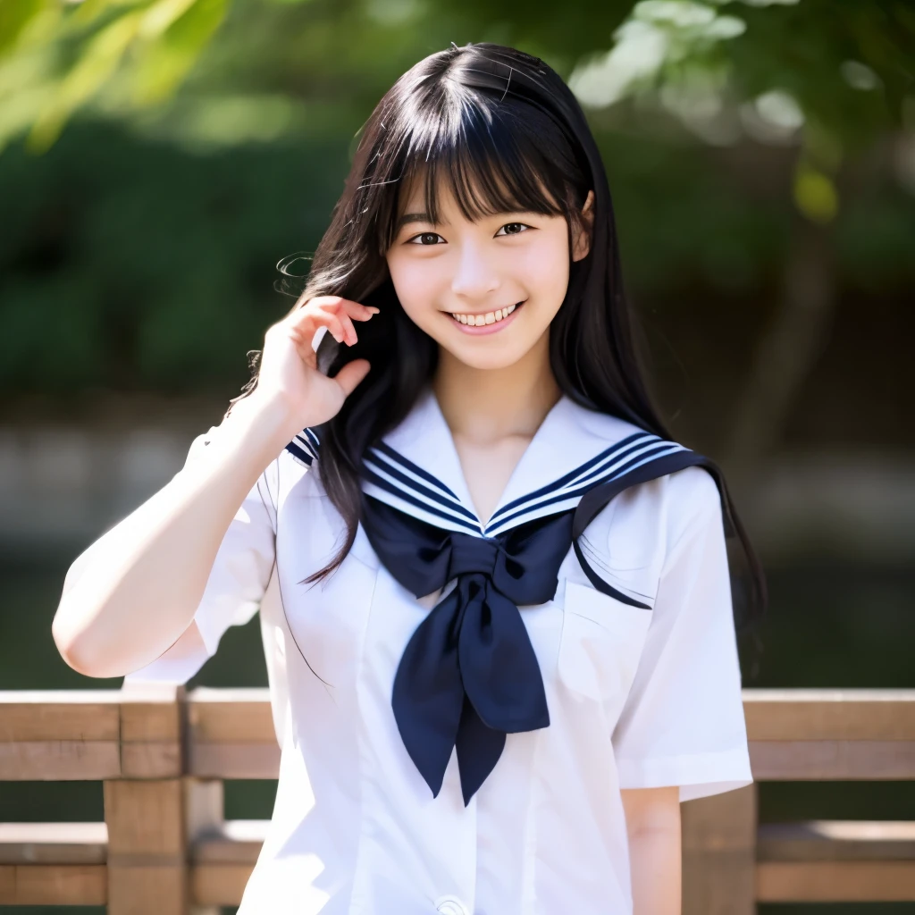 Japanese、black hair、medium long hair、beautiful girl、beautiful skin、Slender、smile、153cm、45kg、B cup、beautiful hands、embarrassed face、high school student、sailor suit、Front stand、