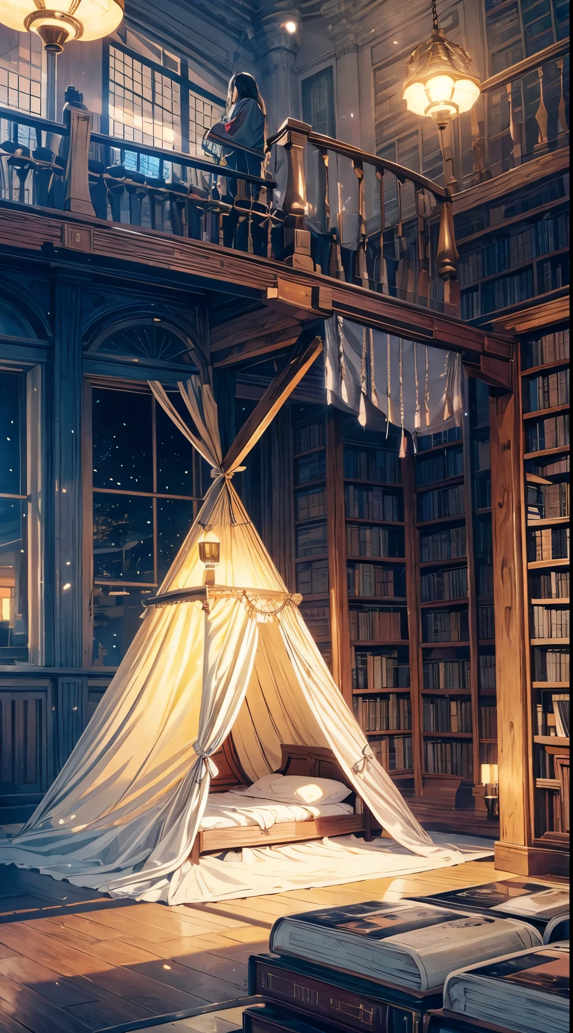 a teepee sitting on top of a rug next to a window, mihoyo art style, cozy bed, gold raining in the background, full photo, ((((library interior)))), west slav features, victor, room, 2 d cg, beds, he is at camp, full image, 5 th floor