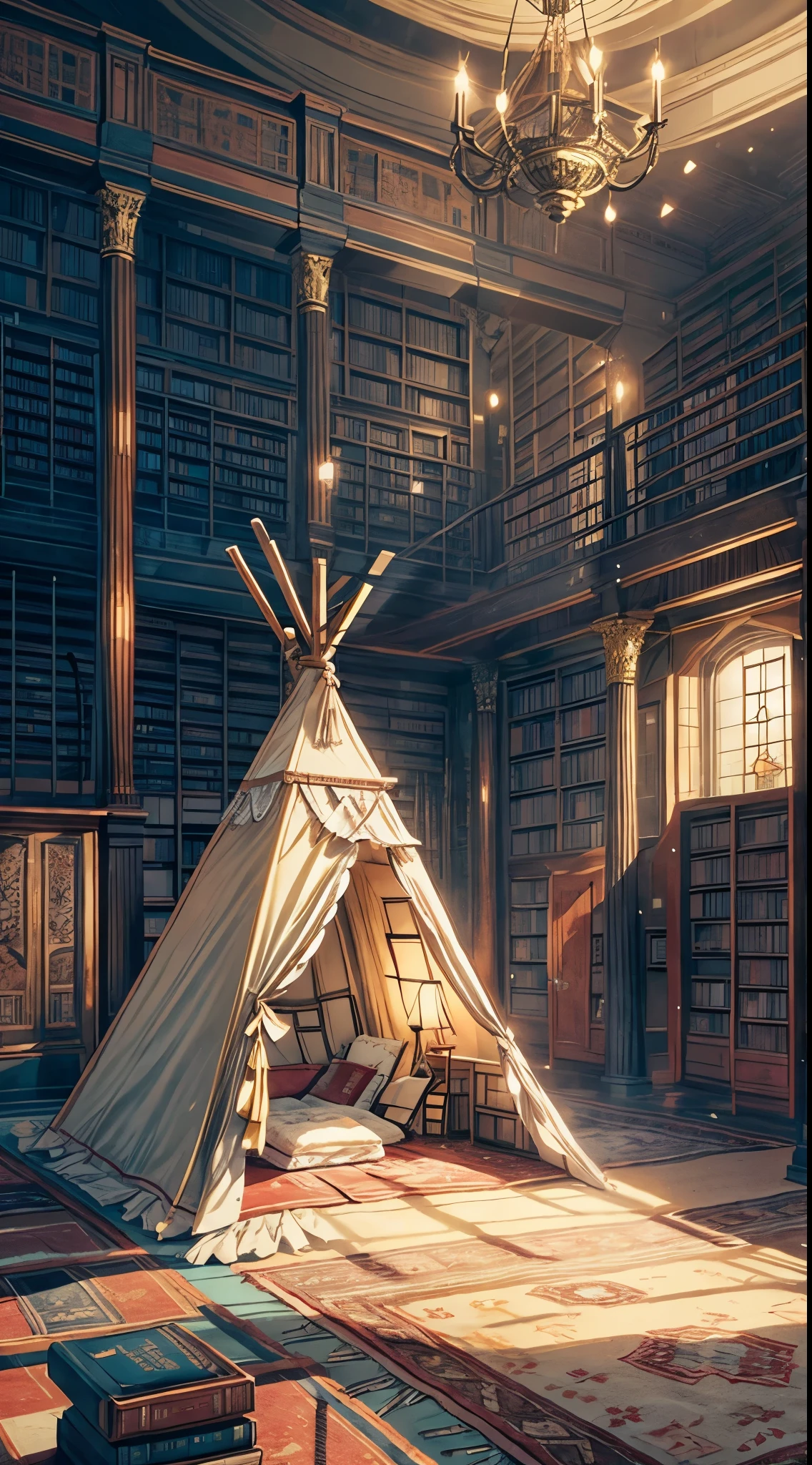 a teepee sitting on top of a rug next to a window, mihoyo art style, cozy bed, gold raining in the background, full photo, ((((library interior)))), west slav features, victor, room, 2 d cg, beds, he is at camp, full image, 5 th floor