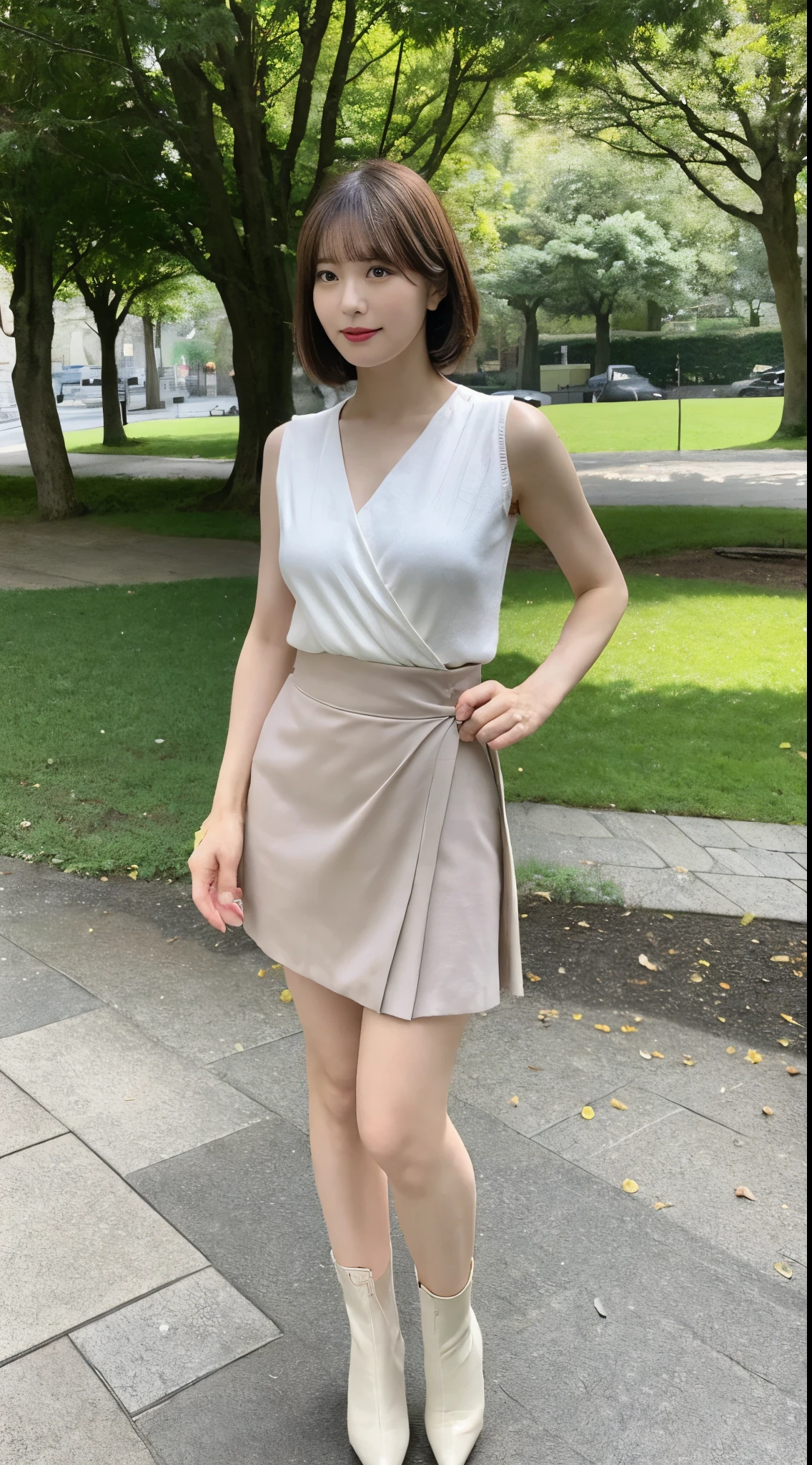 (actual, high resolution:1.3), 1 A 45-year-old Japanese woman with a perfect figure, The face shape and eyes are super delicate, short hair, Wrap your chest，Tight skirt wrapped around hips, In the park, big breasts, Naked trench，long legs，High heel，Full body image