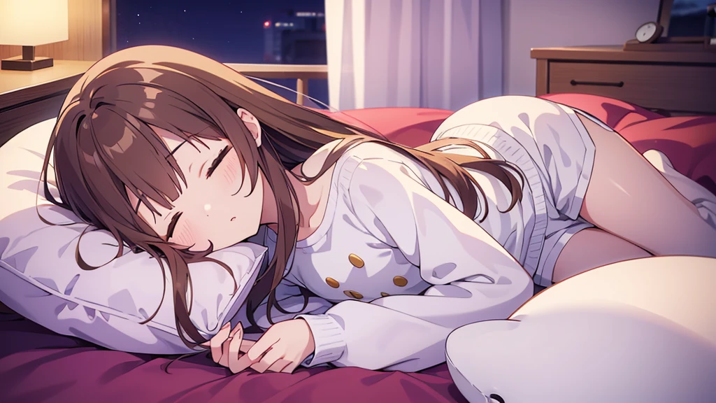 20 years old、flat chest、Height 165 cm、Long brown hair、White long sleeves、White shorts、Sleeping soundly、sleep、Room、Lying in bed、Sleeping face、night、night、Holding a pillow、Solitary whale pillow