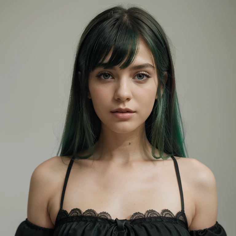SAME GIRL, SAME FACE, GREEN HAIR, WHITE BACKGROUND , MODEL PICTURES, BLACK LANGERIE, PANORAMA