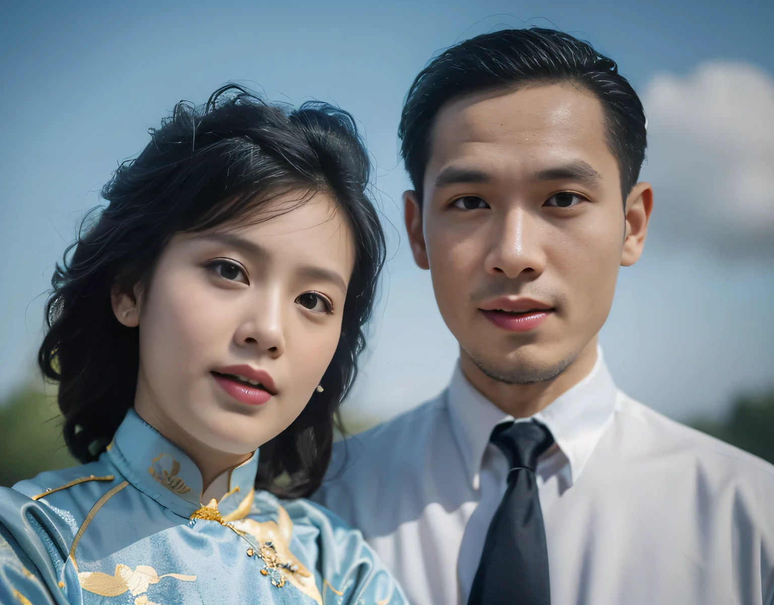 Highly realistic photo, ((masterpiece), (best quality), (raw photo), (photorealistic:1.4), Portrait of a Vietnamese couple, wife 20 years old, husband 25 years old. She wore a Vietnamese silk ao dai, he wore a white shirt with a tie,((light blue background)) , photo taken by Sony A7IV
