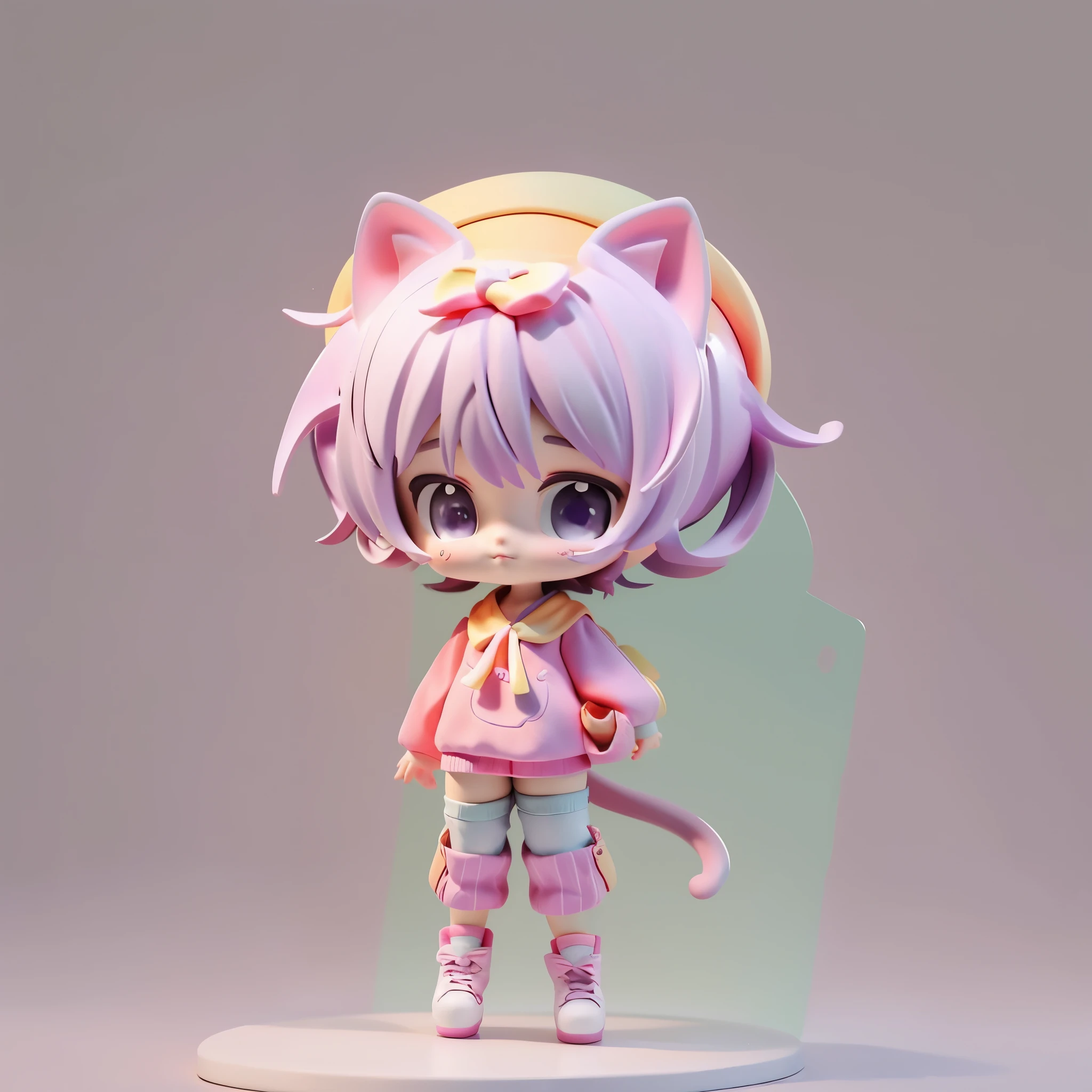 C4d modeling 3d rendering high-definition soft color ultra-light clay material blind box hand-made style girl,Purple hair,Purple clothes,Purple eyes with cat tail,Has cat ears,Anthropomorphic cat wearing a hat, cute, beautiful, fine lines, Morandi color scheme