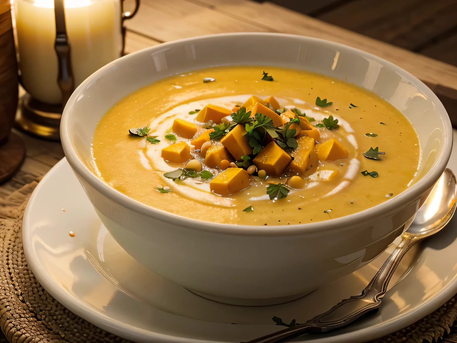 there is a table with an upclose bowl with butternut soup, it is sprinkled with parsley, it looks realistic and photography, it is well-lit