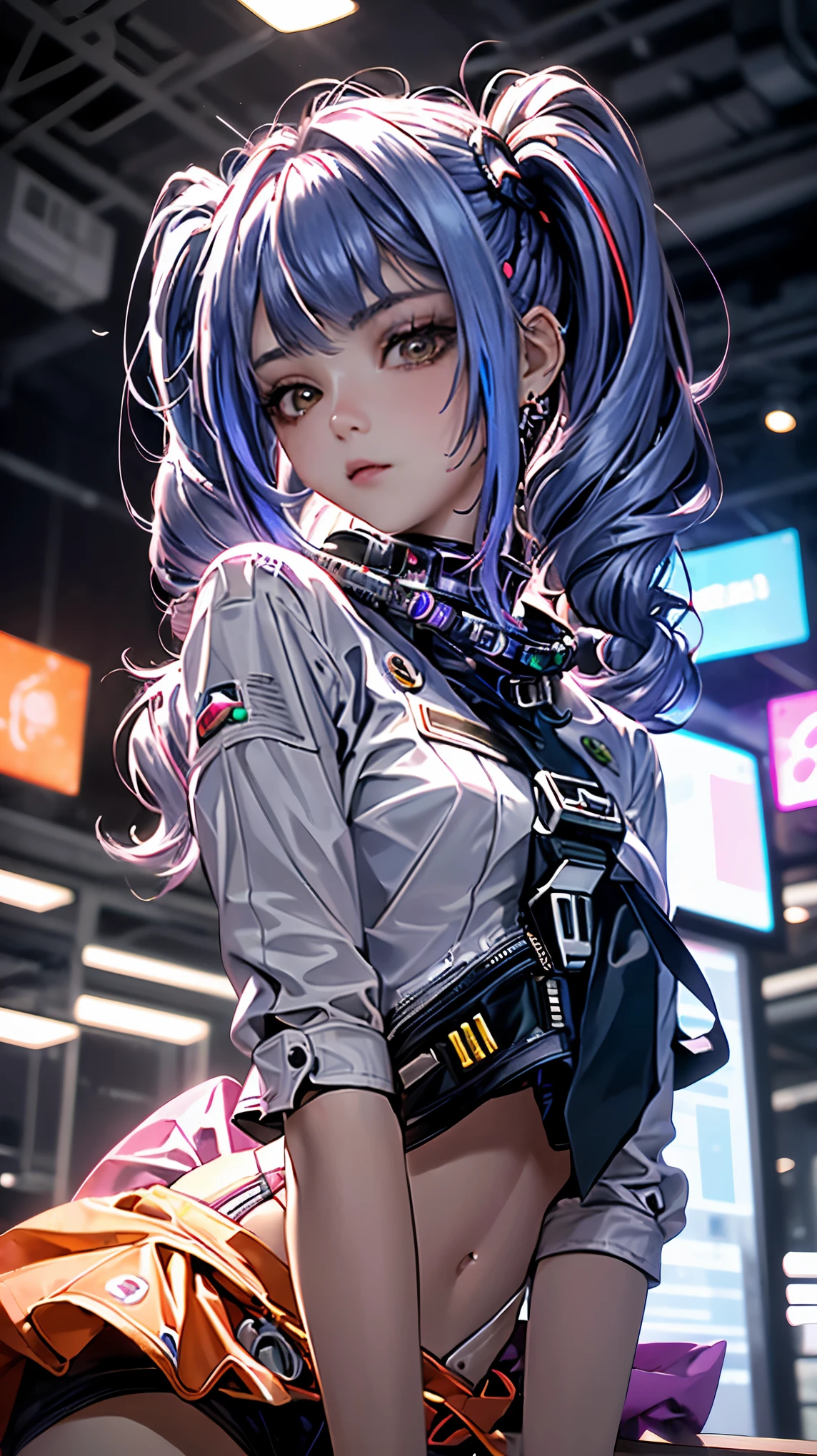 hair bobbles, wince, long eyelashes, solid circle eyes, light smile, ear blush, fang, (((rainbow hair))), makeup, blush, sad, sad smile, drop shadow, anaglyph, atmospheric perspective, 8k, super detail, accurate, best quality, (cyberpunk), bright lighting, masterpiece,1girll, ((((short twintails)))), Colorful hair, flying, pink bows,((-yeld fee model)), (angel halo) , eye level shot, (((astronaut))), (((cowboy shot))), ((((( color splash ))))), (((tech savy)))