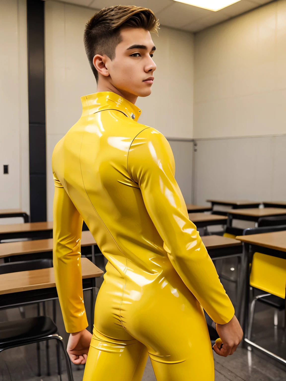 A high school boy wearing yellow tight latex catsuit 