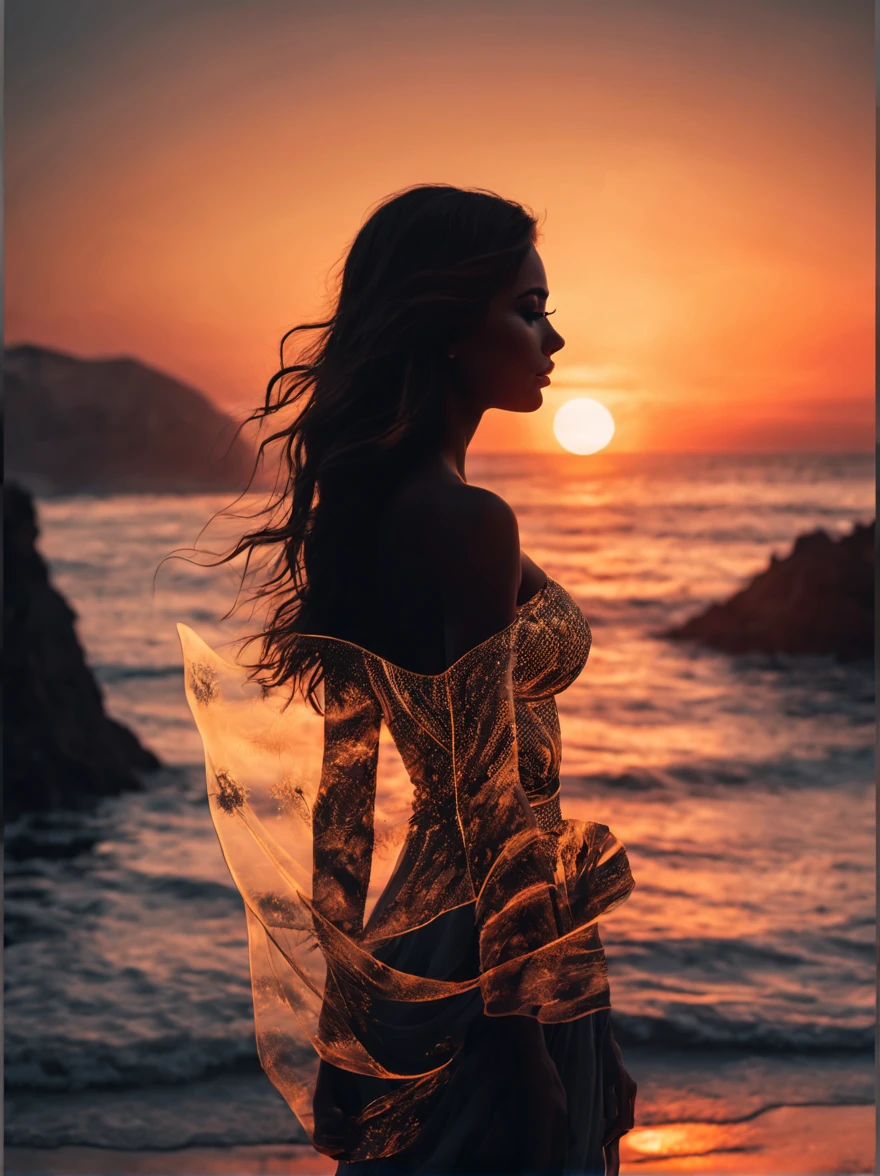 high quality, 8K Ultra HD, A beautiful double exposure that combines an goddess silhouette with sunset coast, sunset coast should serve as the underlying backdrop, with its details incorporated into the goddess , crisp lines, The background is monochrome, sharp focus, double exposure, by yukisakura, awesome full color,