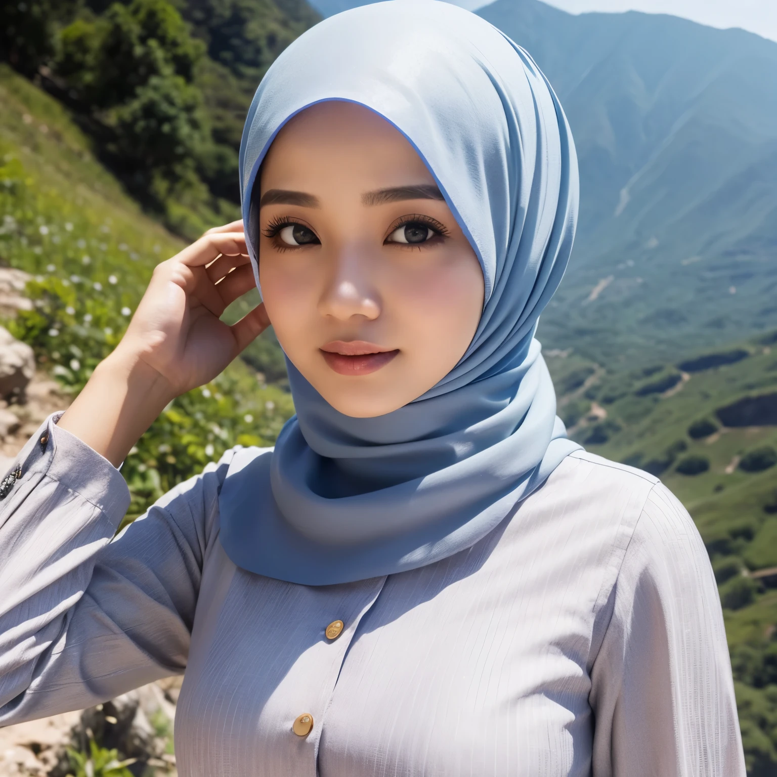 25 years old, Hijab Indonesian adult woman, long Muslim clothes, on the mountain, beautiful scenery around, Bright light, during the day, close up