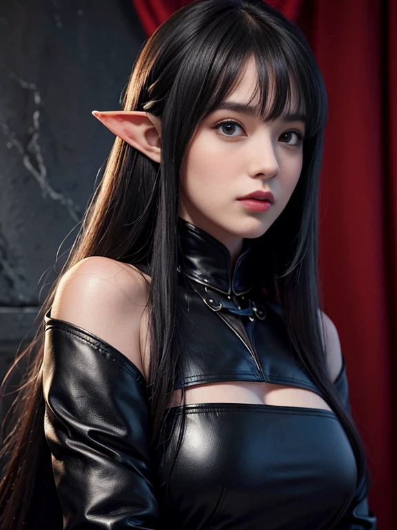 a gothic elf girls, office setting, full body shot, photorealistic, (hi-top fade:1.3), full body shot, seductive close-up shot, sexy, tight wet clothes, long hair,dark theme, soothing tones, muted colors, high contrast, (natural skin texture, hyperrealism, soft light, sharp),