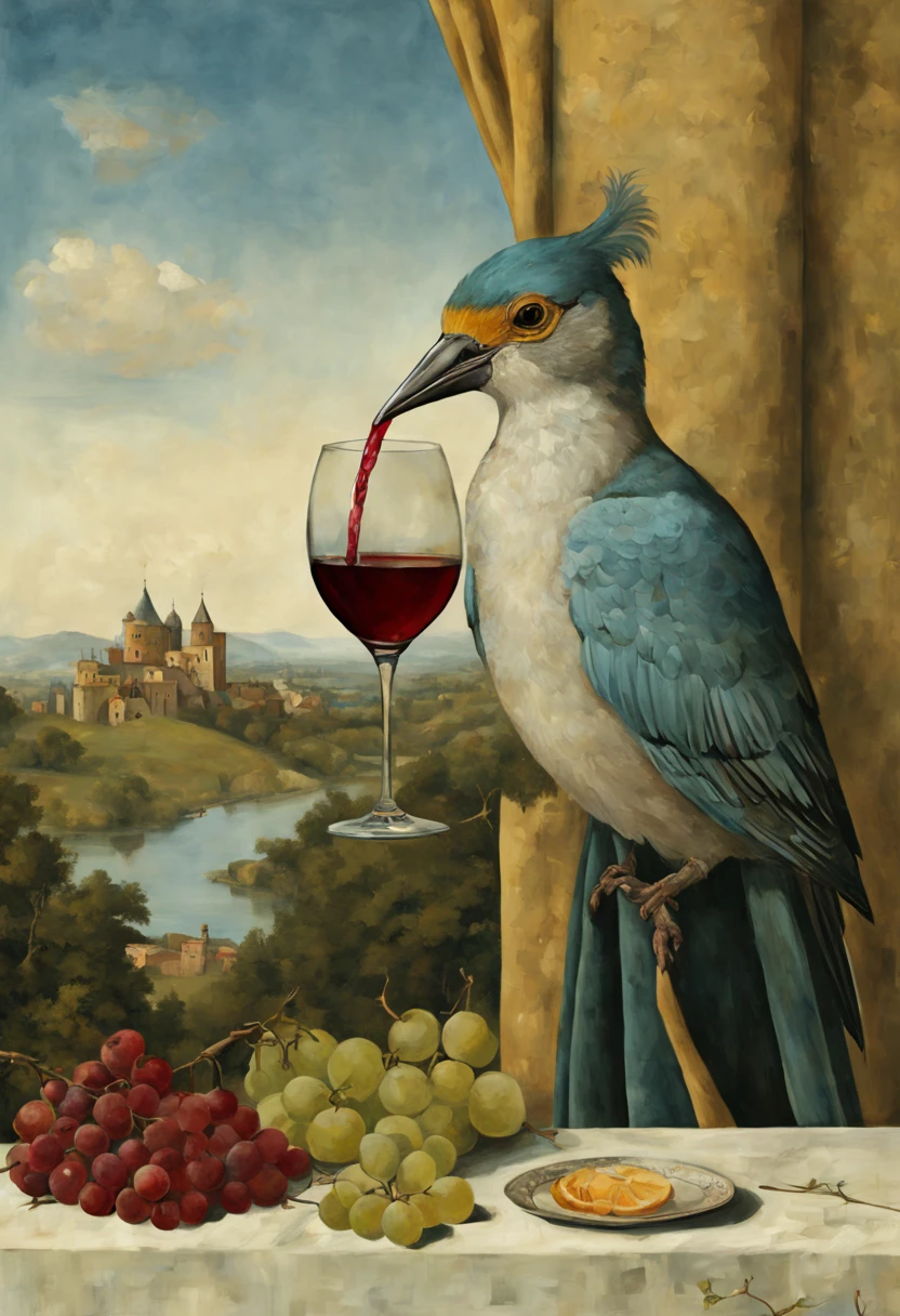 there is a glass of wine with a bird in it, inspired by Konstantin Somov, inspired by Vittore Carpaccio, digital collage, surreal collage, inspired by Jacopo Bellini, inspired by Gentile Bellini, inspired by Jan Davidsz. de Heem, inspired by Stanley Spencer, inspired by Ndoc Martini, inspired by Giovanni Bellini