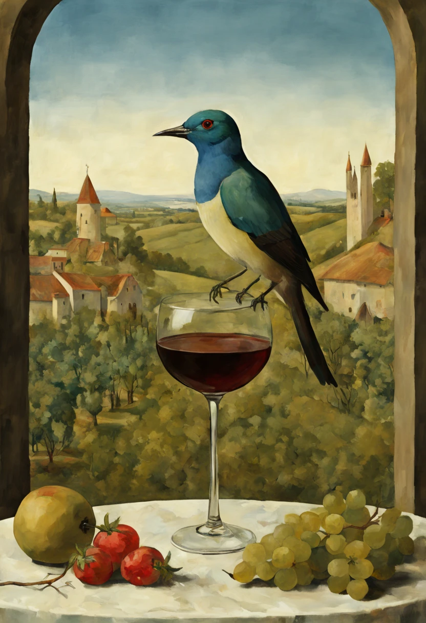 there is a glass of wine with a bird in it, inspired by Konstantin Somov, inspired by Vittore Carpaccio, digital collage, surreal collage, inspired by Jacopo Bellini, inspired by Gentile Bellini, inspired by Jan Davidsz. de Heem, inspired by Stanley Spencer, inspired by Ndoc Martini, inspired by Giovanni Bellini