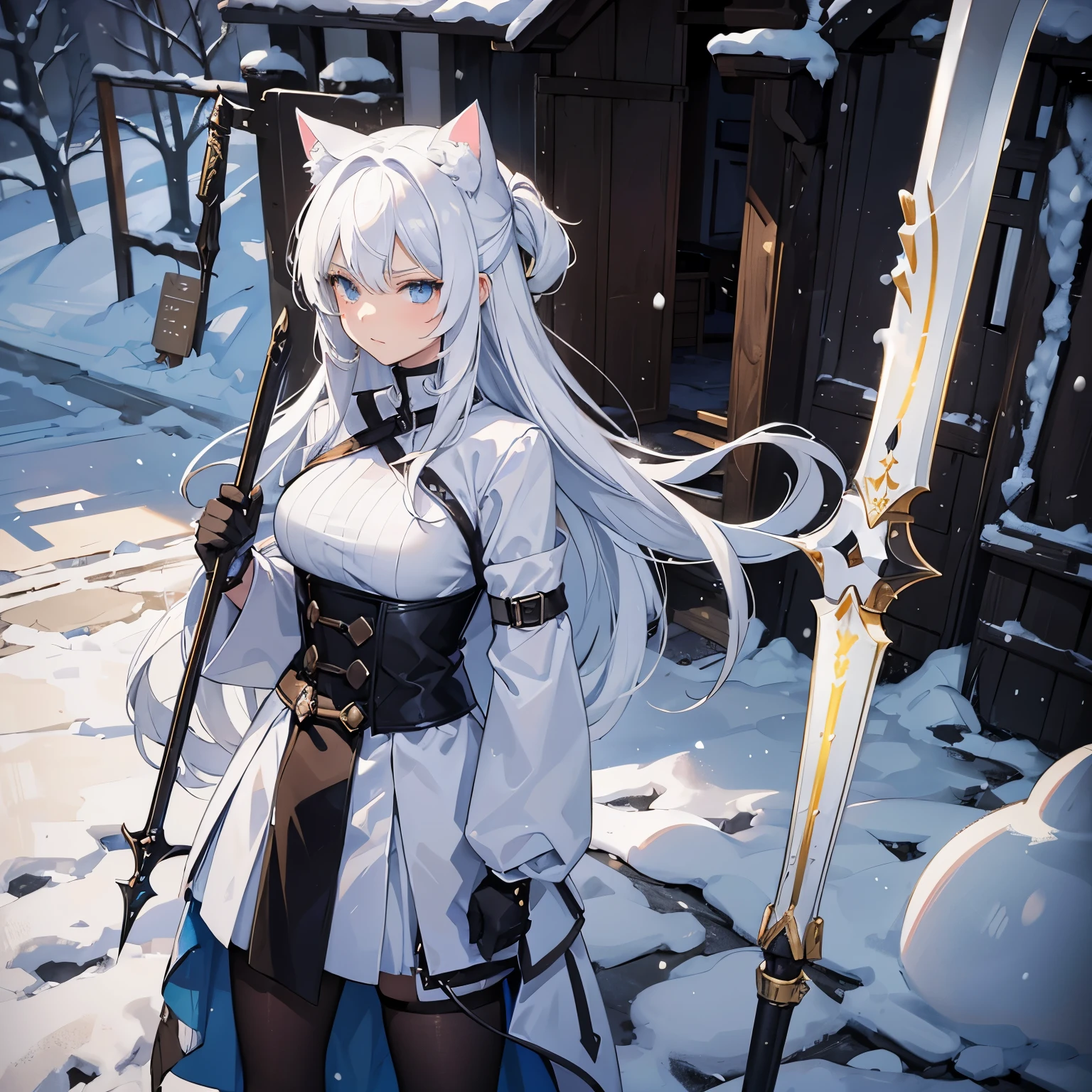 A woman with white hair, cat ears, and a tail. Her weapon is a spear. Electrical power In the dungeon, it&#39;s morning, the weather is snowing, the mood is serious. Fighting an army of slimes