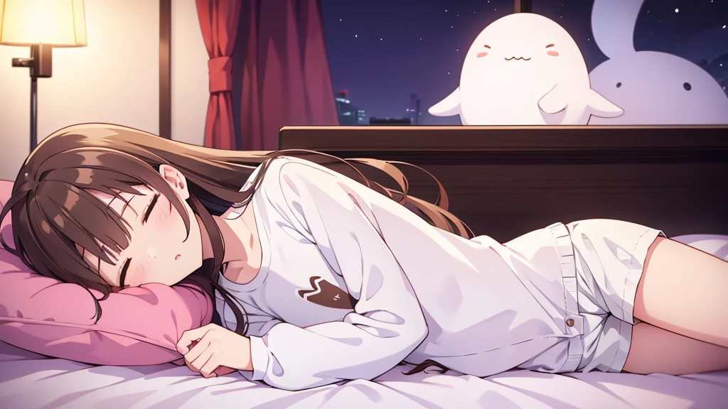 20 years old、flat chest、Height 165 cm、Long brown hair、White long sleeves、White shorts、Room、Lying in bed、Sleeping face、night、night、comfortable face、Holding a pillow、Solitary whale pillow