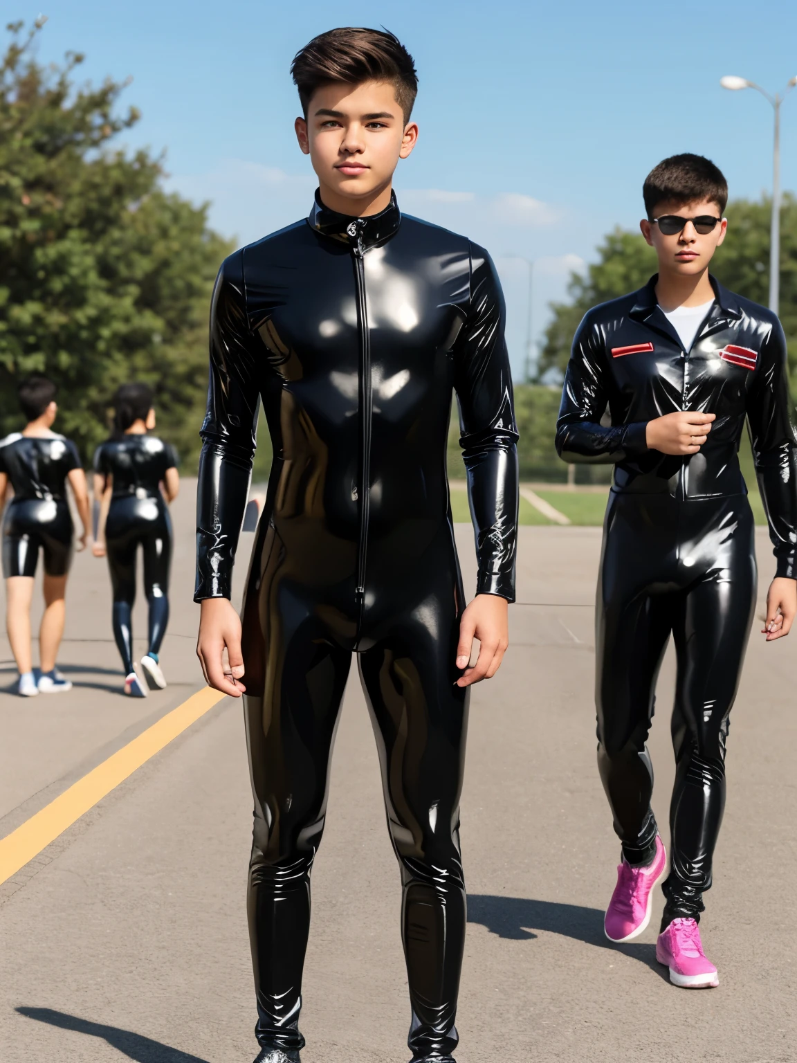 Two high school boys wearing yellow latex catsuit with socks
