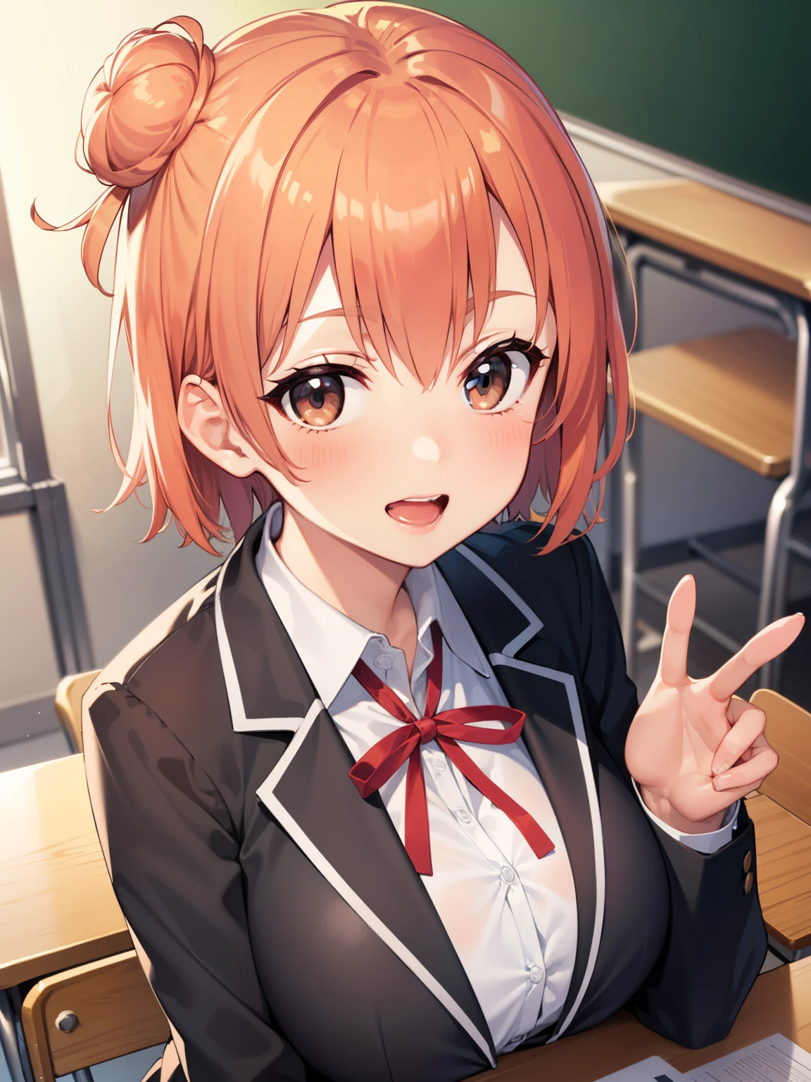 Yuigahama Yui, short hair, (brown eyes), (orange hair), single bun hair,
break 1girl, shirt, ribbon, school uniform, Jacket, white shirt, black Jacket, blazer, sobu high school uniform,
break looking at viewer,
break (masterpiece:1.2), highest quality, High resolution, unity 8k wallpaper, (beautiful and fine eyes), highly detailed face, perfect lighting, Very detailed CG, (perfect hands, perfect anatomy),
smile, (blush:1.2), open mouth,
(huge breasts),
classroom,
upper body, focus breasts,
from above, upper eyes,