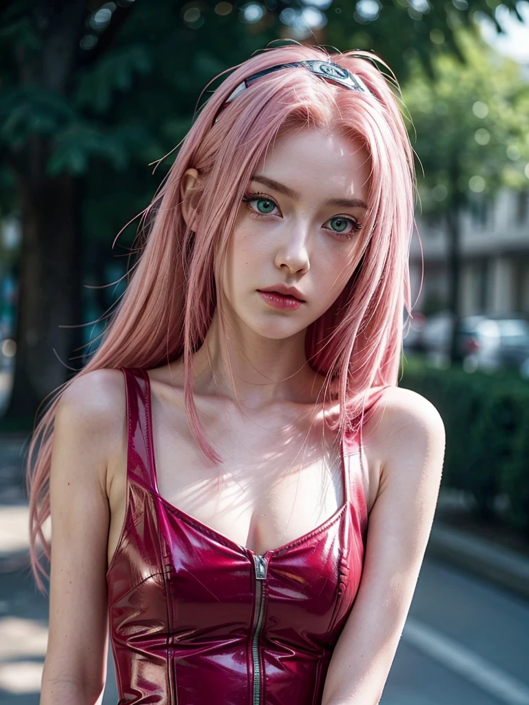 young woman, long pink hair, wide forehead, porcelain skin, pink eyebrows, big emerald green eyes, buttoned nose, thick lips, heart-shaped face, slender body, small breasts, black and red leather dress, Sakura Haruno, realistic realism details 3d