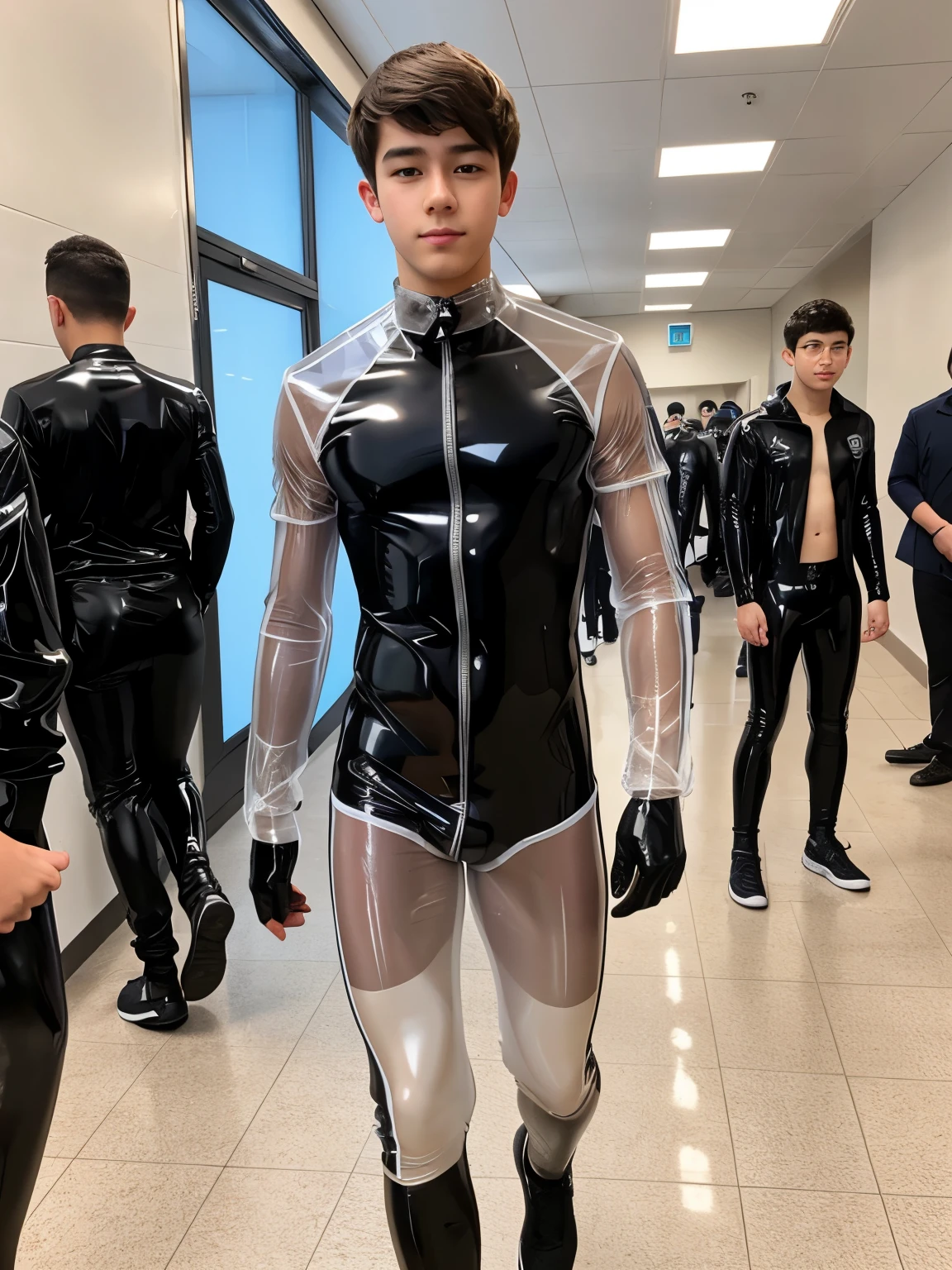A high school boy wearing yellow latex catsuit