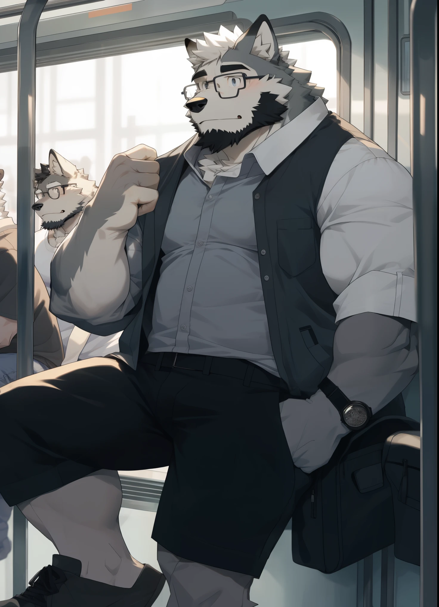 hairy，（Wolf，Black-rimmed glasses，White short sleeves，Gray long sleeve shirt jacket，rolled up sleeves，Casual shorts，white socks），beard，white fur，male，Common，full body picture， dynamic poses，On the subway，shy expression，detailed background，极其lifelike阴影，masterpiece，Very detailed，lifelike